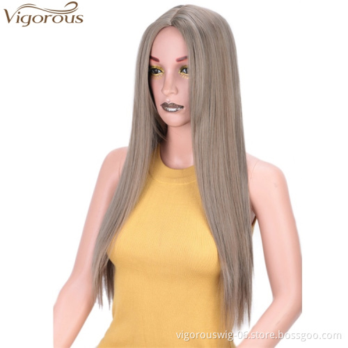 Vigorous Long Silky Straight Synthetic Wigs Middle Part Gray Color Wig For Black White Women Heat Resistant Fiber Cosplay Wigs